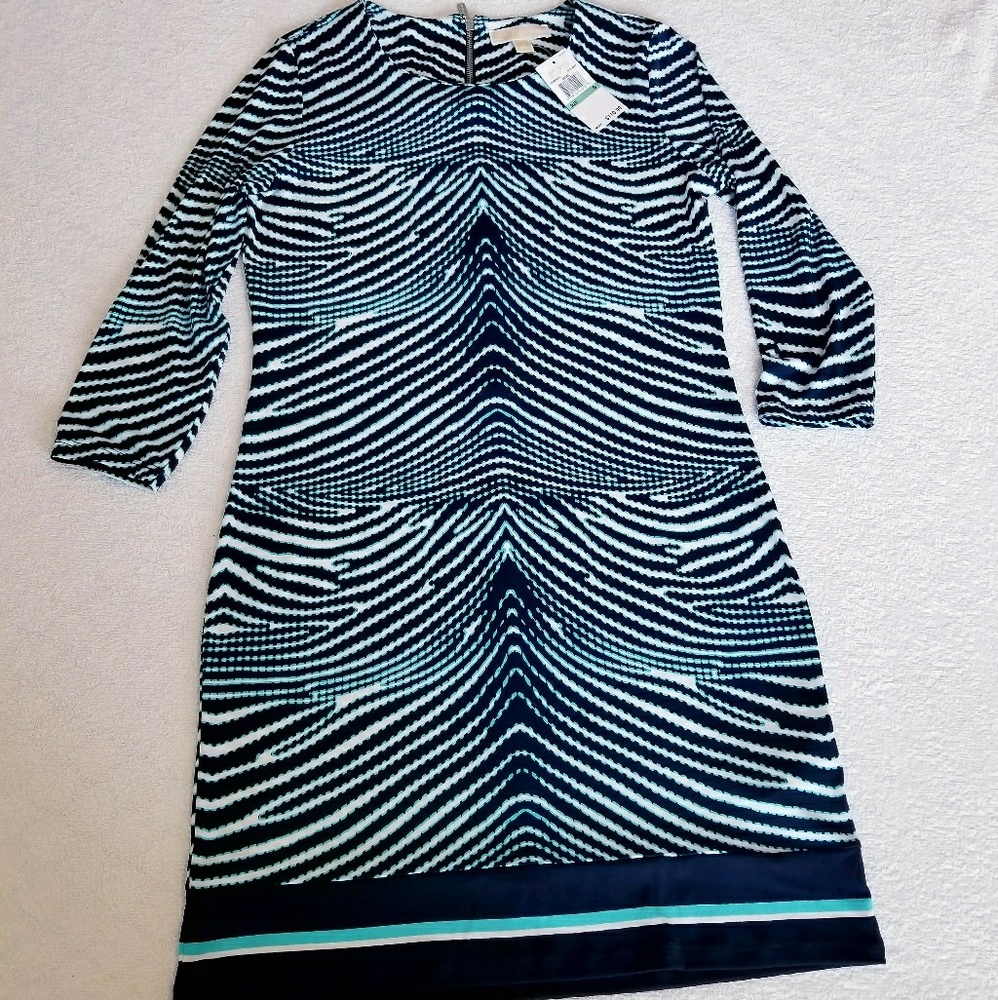 MICHAEL KORS REAL NAVY BLUE WAVE PRINT DRESS